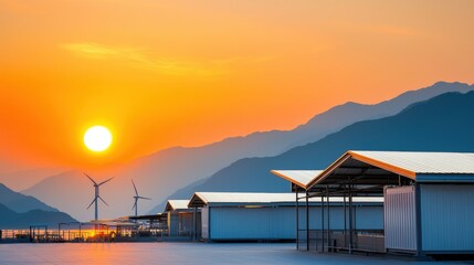Obraz premium Sunset view over coastal mountains and wind turbines with buildings in the foreground, capturing the blend of nature and modern architecture.