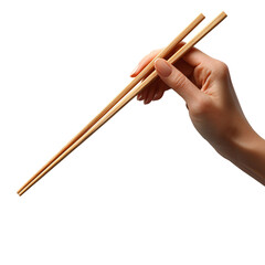 A hand holding a pair of wooden chopsticks, ready for eating.