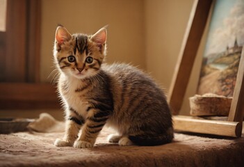 "Adorable Tabby Kitten, Cute Feline, Pet Photography, Brown and White Fur, Big Blue Eyes, Indoor Cat, Window Sill, Home Decor, Animal Portrait, Cozy Interior, Art Background, Ai generated image.