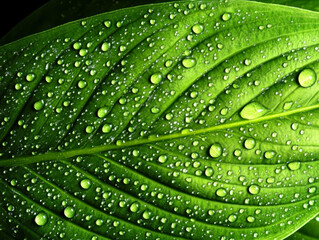 fresh green leaf covered with raindrops and highlighted by the sun