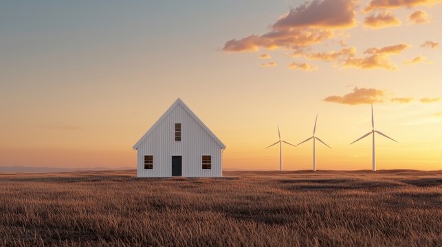 Tranquil rural landscape at sunset with a solitary house and wind turbines in the background, capturing the essence of renewable energy in nature.