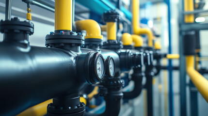 Fototapeta premium Close-up of an industrial water system with yellow and black pipes, black levers on a blue background in a factory