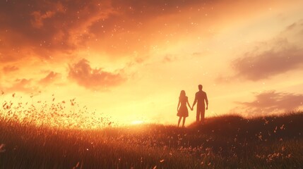 Fototapeta premium A couple stands hand-in-hand on a grassy hill during a stunning sunset, surrounded by vibrant colors and a serene atmosphere.