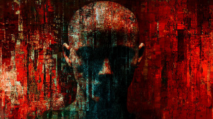 Pixelated silhouette of a faceless figure surrounded by an aura of mystery and darkness evokes themes of anonymity secrecy digital chaos and the enigmatic nature of human identity in the virtual realm