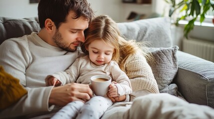 Obraz premium A cozy moment of a father and daughter sharing warm drinks while snuggling on a couch, surrounded by a peaceful home atmosphere.