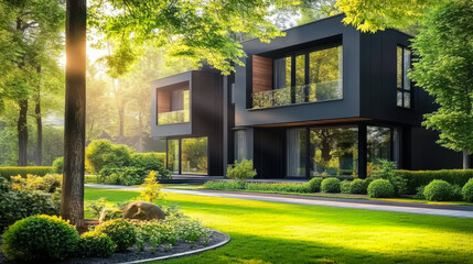 Obraz premium Modern luxury minimalist cubic house, Residential architecture exterior