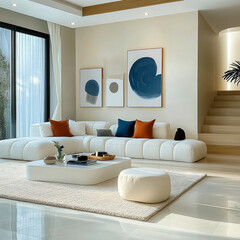 Minimalist interior design of modern living room wiht blue and orange sofa
