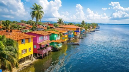Obraz premium Vibrant colorful houses on stilts by a calm tropical sea under a sunny sky.