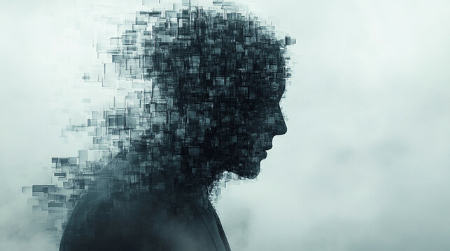 Pixelated silhouette of a faceless figure surrounded by an aura of mystery and darkness evokes themes of anonymity secrecy digital chaos and the enigmatic nature of human identity in the virtual realm
