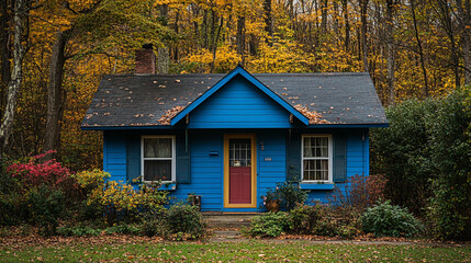 Charming blue cottage surrounded by autumn foliage in a tranquil setting