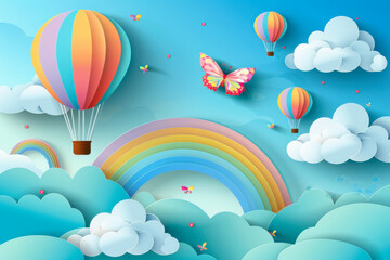 Beautiful fluffy clouds on blue sky background with summer sun