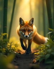 Naklejka premium A fox with a vibrant orange coat and striking facial features is walking through a bamboo forest