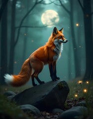 A fox with vibrant orange fur and a bushy white-tipped tail stands on a rock in a dark forest