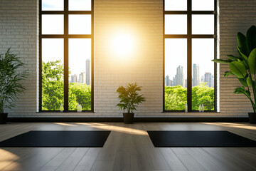 bright yoga studio with large windows, white brick walls, and plants, creating serene atmosphere. sunlight streams in, enhancing peaceful environment