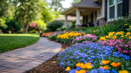 Colorful flower beds enhance the beauty of a well-kept front yard on a sunny day