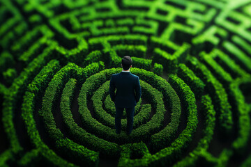 businessman stands in center of green maze, contemplating his path forward. intricate design of maze symbolizes challenges and decision making in life