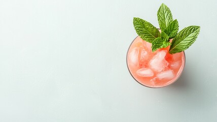 A refreshing pink drink with ice and mint leaves, perfect for a summer day or a festive occasion.