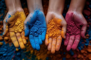 close-up partial view of young people holding colorful powder in hands at holi festival