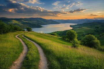 Sunset over a serene lake and rolling hills, viewed from a winding dirt road.