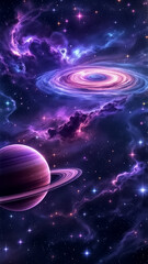 Purple Nebula with Ringed Planet and Dark Space