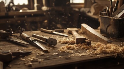 Carpentry tools on a workbench with wood shavings, a workshop scene