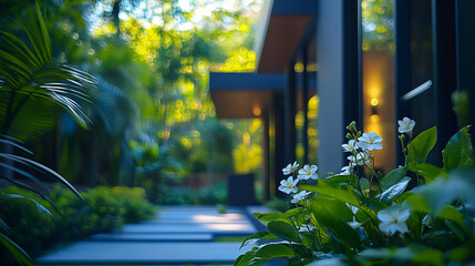 Beautiful garden pathway surrounded by vibrant greenery and blooming flowers at sunset