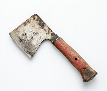 Old rusty meat cleaver with wooden handle on white background.