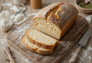 Fototapeta premium Artisanal Bread on Rustic Cutting Board in Cozy Kitchen