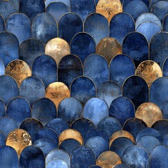 Abstract blue and gold scales with textured metallic accents