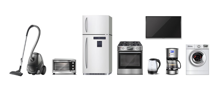 3d realistic set of vector icon illustration. Collection of kitchen appliances. Vacuum cleaner, microvawe oven, fridge, stove, electric teapot, coffee machine, washing machine and led tv.