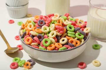 Colorful cornflakes, concept of tasty breakfast, morning food