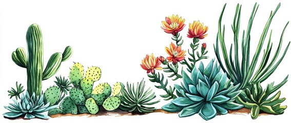 A vibrant watercolor representation of a Mexican flower cactus amidst a desert landscape.