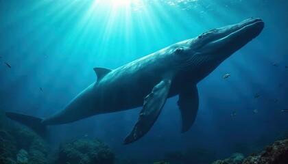 Fototapeta premium Humpback Whale in Sunbeams: A majestic humpback whale glides gracefully through the deep blue ocean, bathed in a shimmering shaft of sunlight.