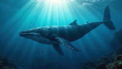 Fototapeta premium Majestic Humpback Whale: A colossal humpback whale glides gracefully through the deep ocean, bathed in a radiant beam of sunlight.