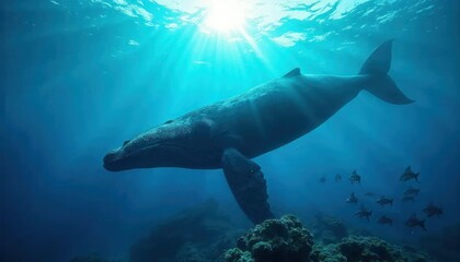 Fototapeta premium Ocean Majesty: A majestic humpback whale glides gracefully through the crystal-clear ocean waters, sunlight illuminating its massive form. Small fish swim nearby.