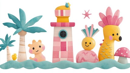 Fototapeta premium Whimsical Tropical Island Scene with Cartoon Animals and Lighthouse