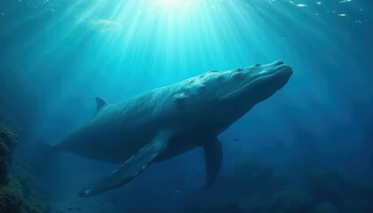 Fototapeta premium Majestic Whale in Ocean Depths: A humpback whale, majestic and serene, glides through the deep ocean, sunlight streaming from above, creating a breathtaking underwater scene. 