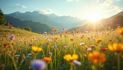 Fototapeta premium Sun-Kissed Mountain Meadow: A vibrant wildflower meadow bathed in the golden light of the setting sun against a backdrop of majestic mountain peaks.