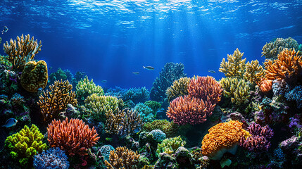 Naklejka premium Vibrant Coral Reef Underwater Scene: Exploring the Colorful Marine Ecosystem