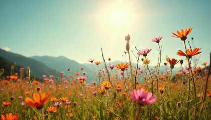 Fototapeta premium Sunlit Wildflower Meadow: Vibrant wildflowers in a profusion of colors bathe in the warm sunlight against a backdrop of majestic mountains. A breathtaking scene of natural beauty and serenity.