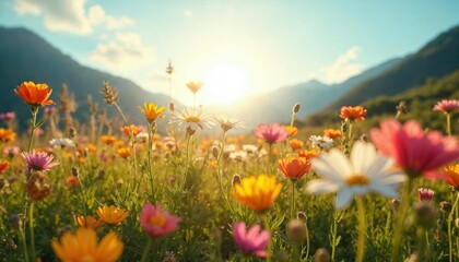 Fototapeta premium Vibrant Wildflower Meadow at Sunrise: A breathtaking panorama of a colorful wildflower meadow bathed in the golden light of sunrise, with majestic mountains forming a dramatic backdrop.