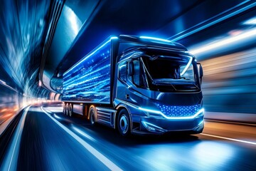 Obraz premium A zero-emission truck bus showcases the road of tomorrow in a vibrant setting.