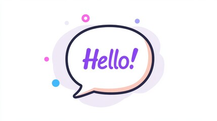 minimalist vector flat icon of a speech bubble with Hello! text, light purple outline on a white background. World Hello Day