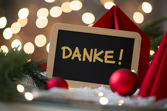 Danke Message on Chalkboard with Christmas Decorations - Powered by Adobe