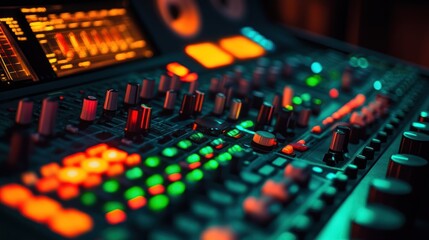 Obraz premium Detailed view of an audio mixing console with illuminated buttons and sliders