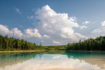 Fototapeta premium Serene River Winding Through Lush Misty Forest. Beautiful nature with rivers and mountains. Reflecting in Crystal water and nature