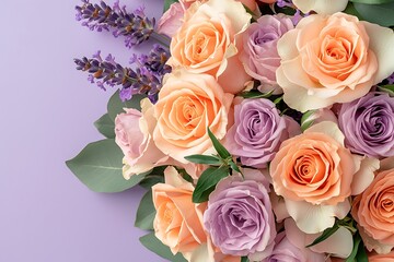 Floral arrangement showcase roses lavender and greenery in a vibrant setting