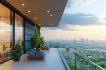 Modern penthouse balcony with city view at sunset, luxurious outdoor space perfect for relaxation and enjoying breathtaking cityscape panoramas.