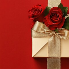 Romantic red roses on gift, red background, celebration