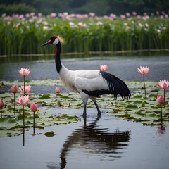 Obraz premium Red Crowned Crane Walking Among Lotus Flowers
